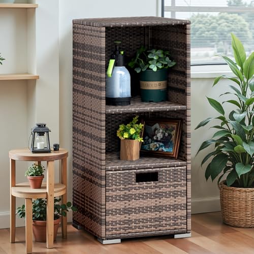 Outdoor Pool Towel Rack Patio Waterproof Rattan Wicker Storage Cabinet Shed with Shelves & Drawer (Brown)