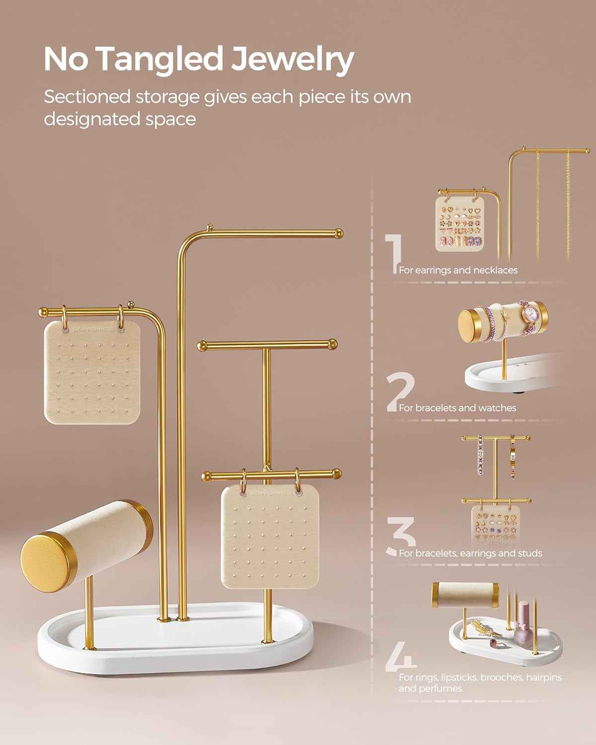 Jewelry Stand, Jewelry Organizer, Jewelry Display Holder with Metal Frame, 2 Earring Boards, 4 Hanging Rods, Necklace Earring Bracelet Holder, for Watches, Metallic Gold UJJS025A01