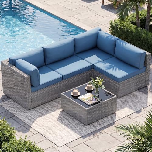 5 Piece Outdoor Patio Furniture Set,Silver PE Rattan Wicker Sectional Sofa, All Weather Conversation Set with Washable Cushions & Glass Coffee Table for Backyard Poolside Garden Porch,Navy Blue