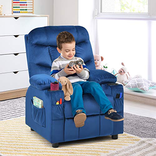 Kids Recliner Chair with Cup Holder, Adjustable Velvet Lounge Chair w/Footrest & Side Pockets for Children Boys Girls Room, Ergonomic Toddler Furniture Sofa Gifts, Kids Recliner (Blue)