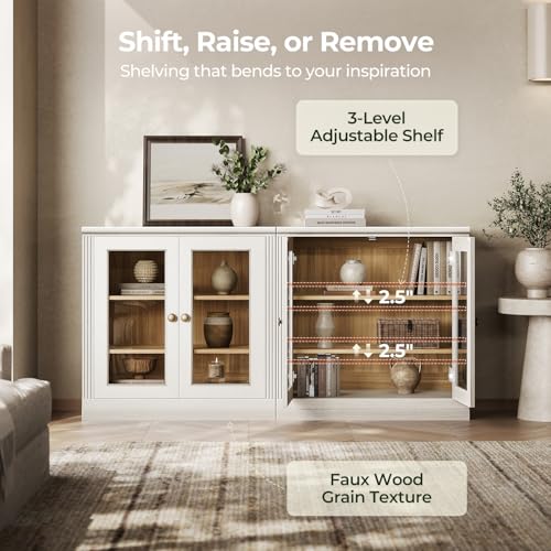 White modular TV stand with drawers and adjustable shelves, view 6