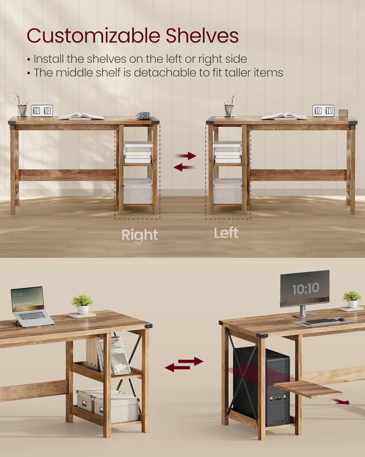 Computer Desk, Home Office Desk with Storage Shelves on Right or Left, Farmhouse, for Work Study Gaming Writing, 23.6 X 47.2 X 29.5 Inches, Honey Brown ULWDAM090T41