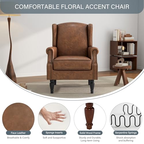 High Back Accent Chairs Set of 2, Faux Leather Upholstered Armchair Wingback Chair for Living Room, Comfy Single Sofa Solid Wood Legs Bedroom Reading Seat (Brown)