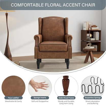 High Back Accent Chairs Set of 2, Faux Leather Upholstered Armchair Wingback Chair for Living Room, Comfy Single Sofa Solid Wood Legs Bedroom Reading Seat (Brown)