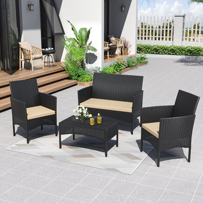 Outdoor Patio Furniture Set, 4 Pieces Patio Conversation Set Wicker Chairs with Glass Table and Soft Cushion for Porch,Backyard, Poolside (Sand)