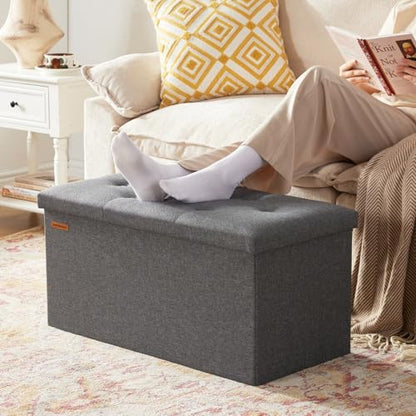 Storage Ottoman Bench, 30 Inches Button Tufted Upholstered Ottoman Footstool with Storage for Living Room Bedroom Entryway, Load 660 lb, Linen Dark Gray