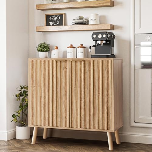 Fluted Storage Cabinet, Sideboard Buffet with Doors and Shelf, Wooden Console Table & Credenza, Multifunctional Entryway Cabinet for Living Room, Dining Room (Natural)