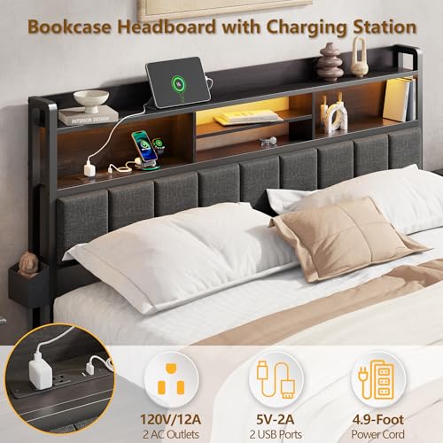 King Size Bed Frame with Headboard, Drawers, Charging Station, LED, view 6