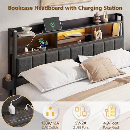 King Size Bed Frame with Headboard, Drawers, Charging Station, LED, view 6