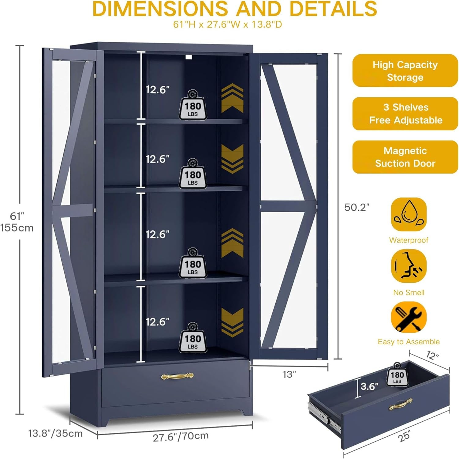 Display Cabinet with LED Lights, 61" Metal Display Case with Glass Barn Doors for Collectibles, Organizer Cabinet with 3 Adjustable Shelves and Drawer for Living Bedroom, Office, Navy Blue