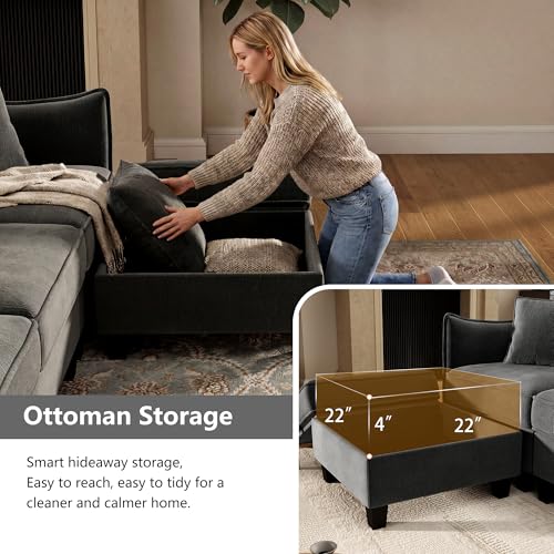 112" Modular U-Shaped Sectional Sofa, Modern 6-Seat Cloud Couch with 2 Storage Ottomans, Comfy Chenille Convertible Furniture Set for Living Room, Apartment, Easy Assembly, Dark Grey