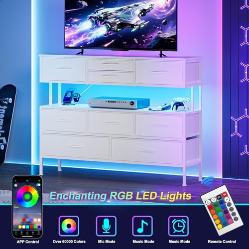 43.3" TV Stand for 55" TV, Entertainment Center with Charging Station and LED Light, Media Console Table with Drawers & Shelves, TV Stand for Living Room, White