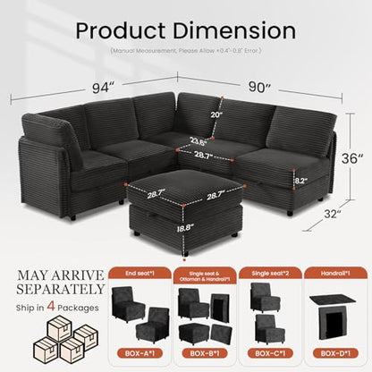 Modular Sectional Sofa V-Shaped 6 Seater Couch with Storage Ottoman, Convertible L/J-Shaped Couch and Sofa Bed Plush Wide-Wale Corduroy for Living Room, Apartment, Modern Design, Black