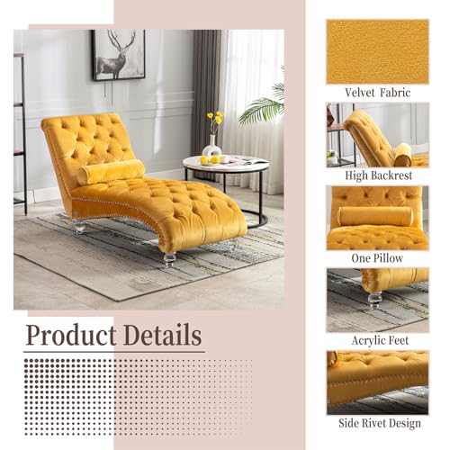 Chaise Lounge Chair Indoor Mustard Velvet Upholstered Button Tufted Chaise, view 4
