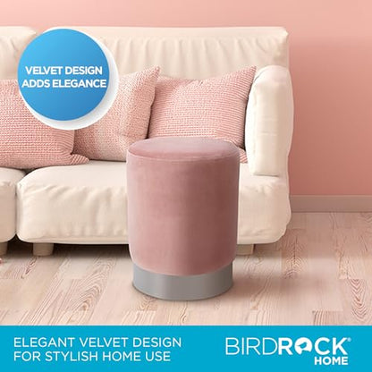 Round Ottoman Foot Stool – Modern Soft Padded Velvet Vanity Chair with Silver Metal Trim – Accent Chair or Foot Rest for Living Room, Bedroom, or Dressing Room (Dusty Rose)