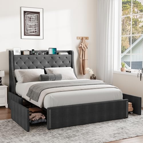 GAOMON Queen Size Bed Frame with Wingback Headboard, view 2
