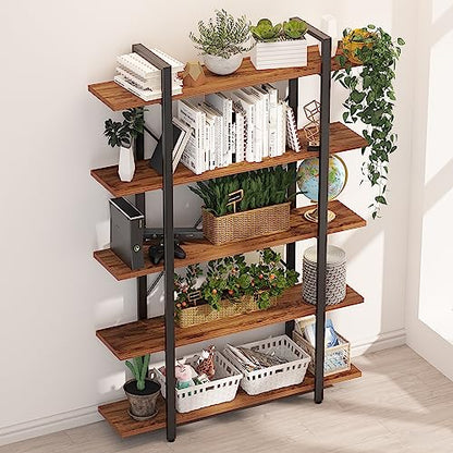 Wood and Metal Minimalist 5 Tier Bookshelf, 6 feet Tall Open Rustic Wide Bookcase Industrial Style, Modern Wooden Big Book Shelf for Home Living Room Bedroom Office Storage, Rustic Brown