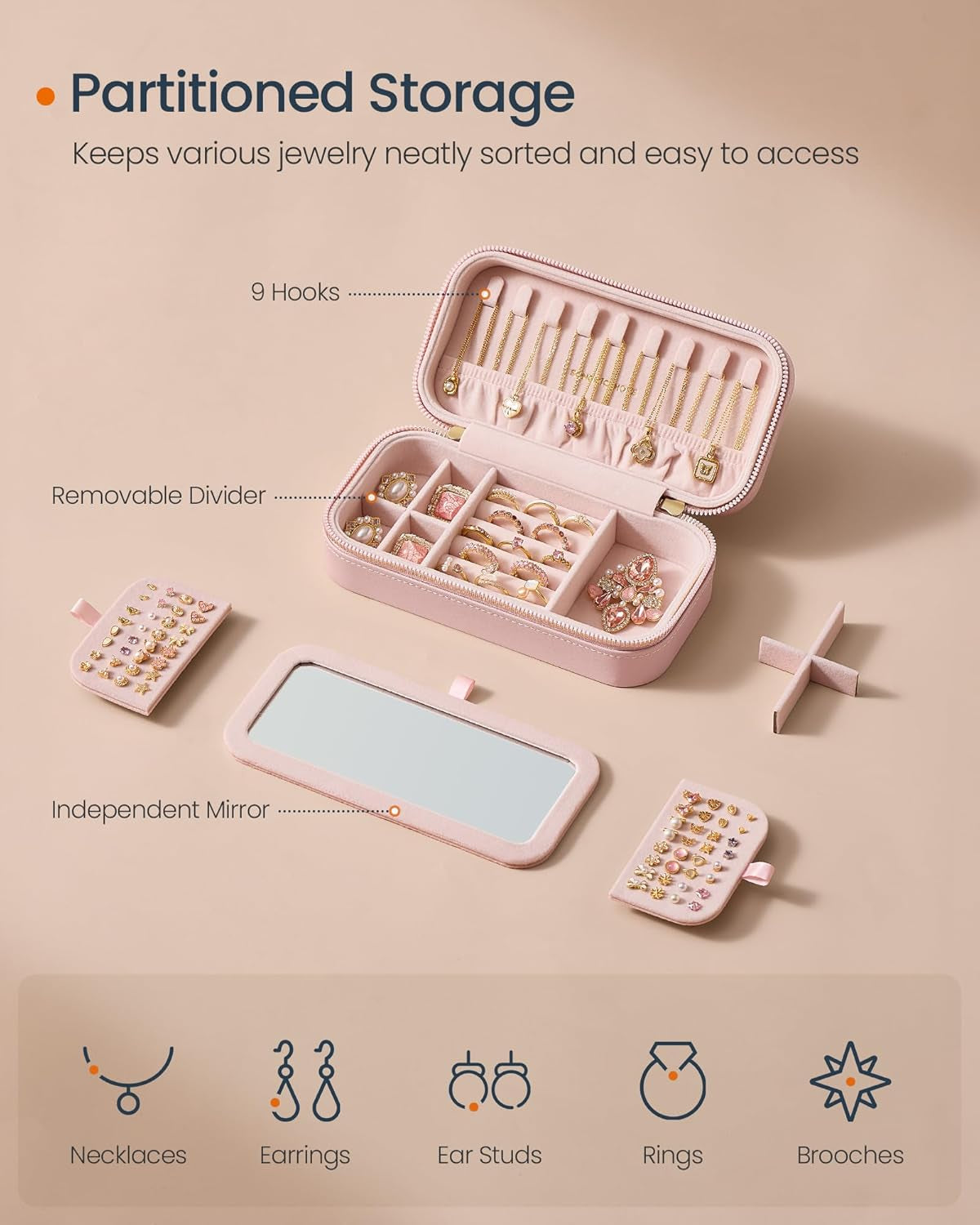 Travel Jewelry Case, Travel Jewelry Box Organizer with Mirror, 4.1 X 8 X 2.4 Inches, Stitching, Portable, Gift Idea, Jelly Pink UJBC180S01