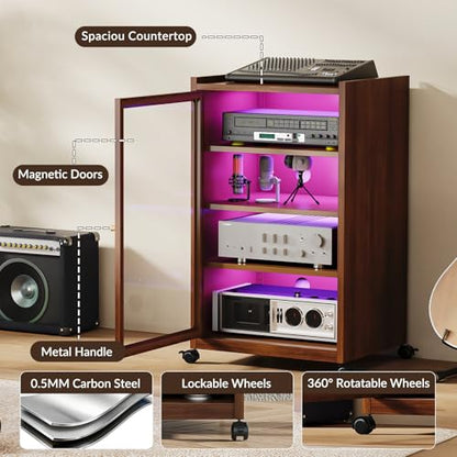 Media Cabinet with LED Lights and Glass Door, Metal Stereo Cabinet Brown, view 4