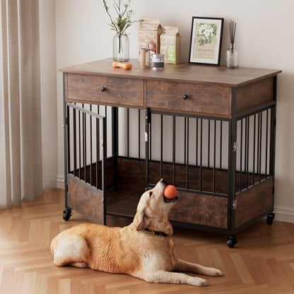 44.5" Dog Crate Furniture, Wooden Dog Kennel with Storage Drawers, view 2