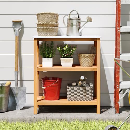 Patio Wooden Sideboard, 3-Tier Acacia Outdoor Kitchen Buffet Organizer w/Marble-Like Countertop & 2 Slatted Shelves, Garden Potting Bench Table & Plant Stand for Backyard, Garden, Deck