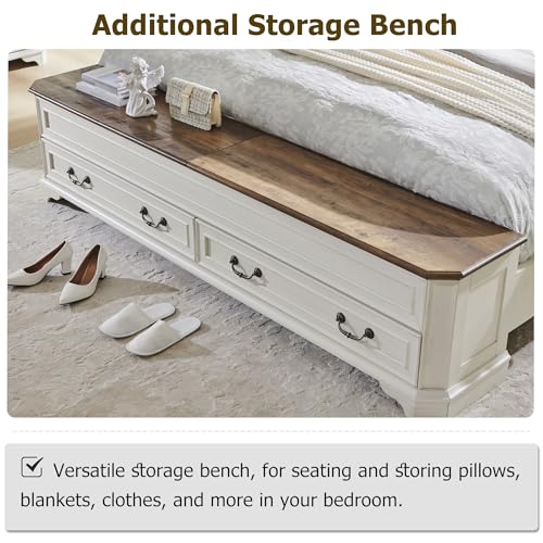 Farmhouse King Bed with Headboard and Storage Bench, Antique White, view 6