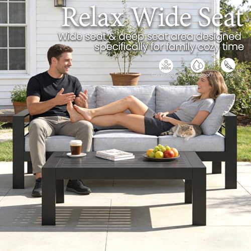 Outdoor Aluminum Furniture Set, 5 Pieces Patio Sectional Conversation Chat Sofa Modern Seating Set with Coffee Table