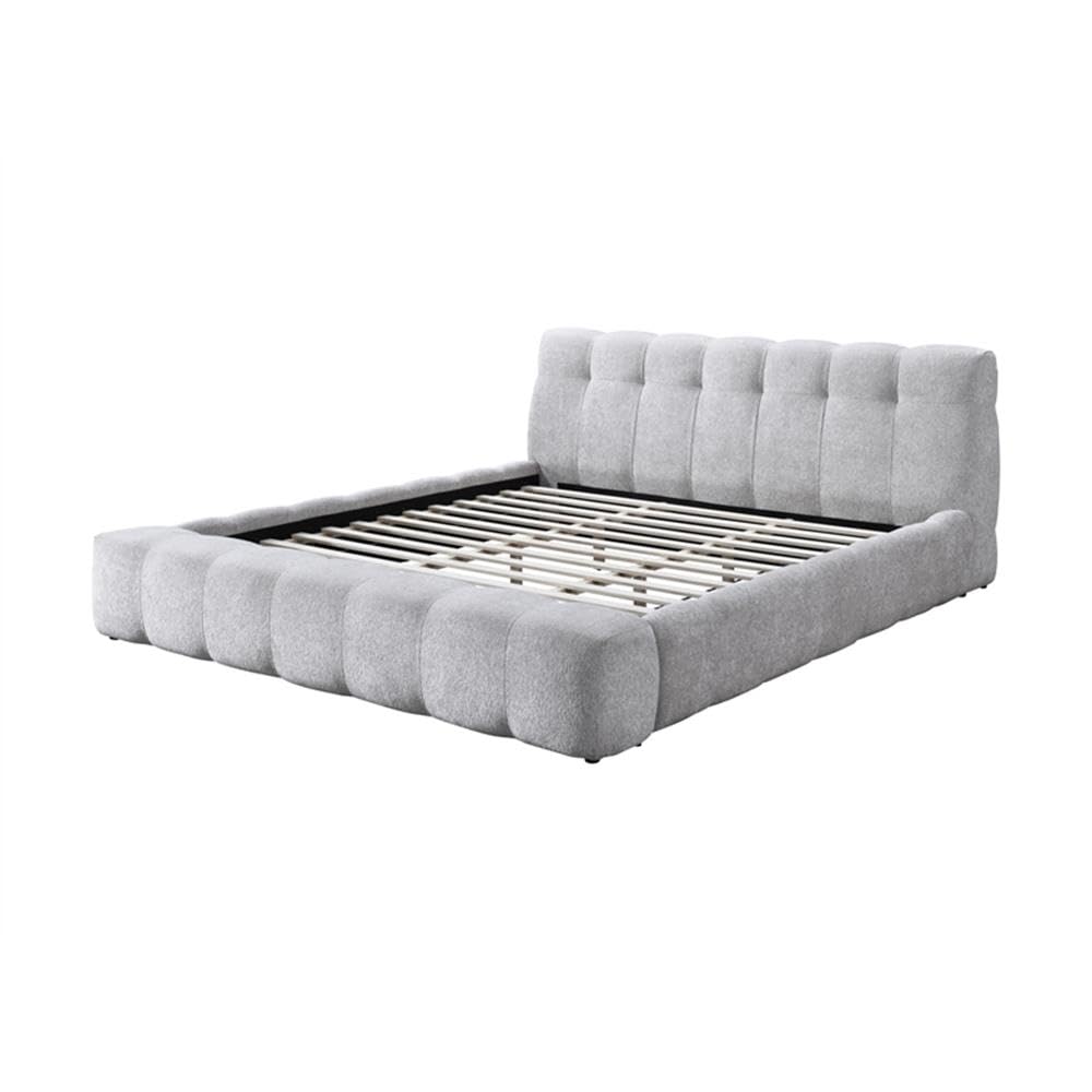 Modern Tufted Upholstered Queen Bed, Gray Chenille Fabric, Plush Headboard and Fully Cushioned Frame, Low-Profile Design with Sturdy Wooden Slats, Rounded Silhouette, Bedroom Furniture