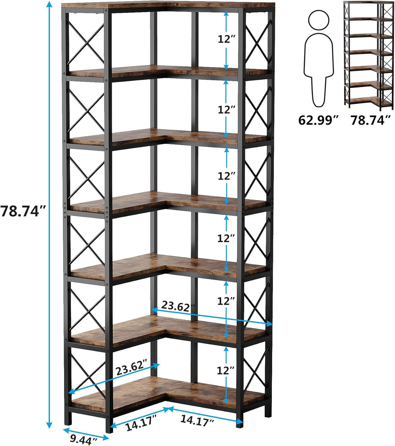 7-Shelf Corner Bookshelf,Large Modern Corner Bookcase, 7-Tier Tall Corner Shelf Storage Display Rack with Metal Frame for Living Room Home Office (Rustic Brown)
