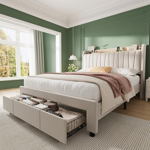 Platform Bed Frame Queen, Storage Headboard, Charging Station, Beige, view 2