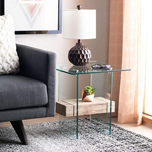 SAFAVIEH Home Collection – Kayley Modern Glass Accent Table with Natural Shelf, Clean-Lined Side Table for Living Room or Bedroom (ACC7001A)