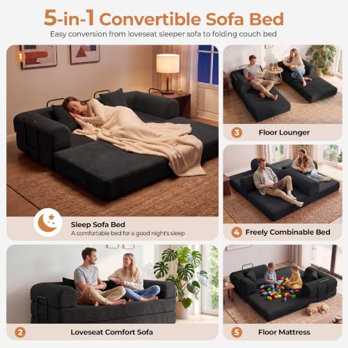 79'' Convertible Sofa Bed, 5-in-1 Folding Boneless Couch, Pull Out Floor Sleeper, Modular Lounge Sofa for Living Room Bedroom, Multi-Function Foldable Sofa (Black)