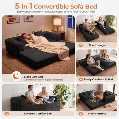 79'' Convertible Sofa Bed, 5-in-1 Folding Boneless Couch, Pull Out Floor Sleeper, Modular Lounge Sofa for Living Room Bedroom, Multi-Function Foldable Sofa (Black)