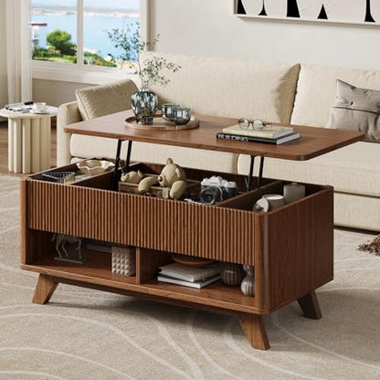 Farmhouse Lift Top Coffee Table, Mid Century Modern Coffee Table with Hidden Storage Compartment, Fluted Rising Pull up Wood Modern Center for Living Room, Office, Walnut