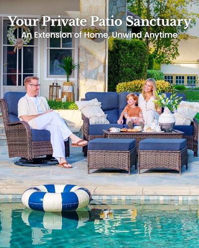 11-Piece Luxury Patio Furniture Set with 6" Thick Cushions, Weather-Resistant Wicker High Back Swivel Rocker Chairs, Senior-Friendly Outdoor Sofa Set for Large Deck, Yard and Poolside, Blue(V2)