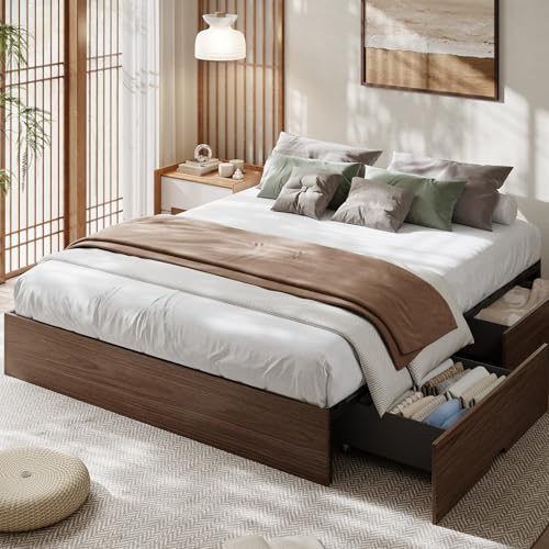 Wood Platform Bed Frame, King Bed Frame with 2 Drawers, view 4