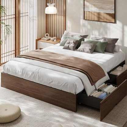 Wood Platform Bed Frame, King Bed Frame with 2 Drawers, view 4
