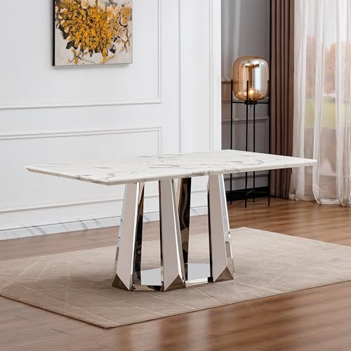 Marble Dining Table for 6 People, 70'' Rectangle Faux Marble Dining Table with Mirrored Stainless Steel Base, Large Size Marble Kitchen Table (Silver,White)(only Table)