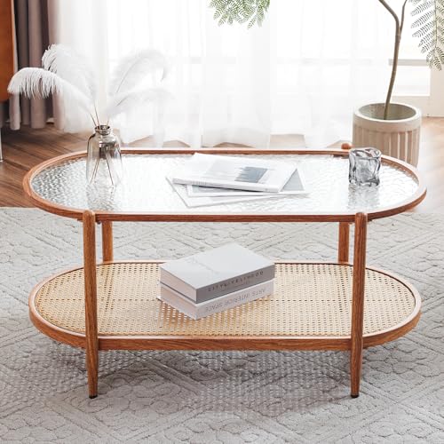 38" Rattan Oval Coffee Table, Water-Wave Glass Metal Center Table, Modern Coffees Table with 2-Tier Storage, Farmhouse Coffe Table for Living Room and Small Space, Natural Vibe