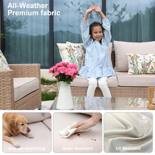 4-Piece Patio Furniture Set,Outdoor Wicker Patio Conversation Set with Tempered Glass Table,All-Weather Rattan Sectional Loveseat&Chairs with Thick Cushions for Garden,Deck,Backyard-Beige