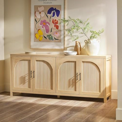 Sasha 4-Door Reeded Sideboard Buffet with Cord Management, 70 Inch, Coastal Oak