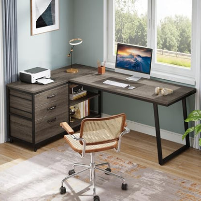 Tribesigns 53" L Shaped Office Desk, Reversible Corner Computer Desk with 3 File Drawers and 2 Storage Shelves for Home Office, Study, Gaming Room (Grey)