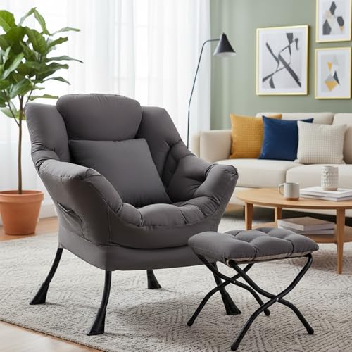 Lazy Chair with Ottoman, Large Accent Chair with Ottoman and a Throw Pillow, Dark Grey Reading Chair for Living Room Bedroom Dorm Room Office Apartment Relaxing Use