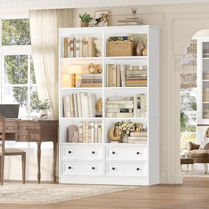 71" Tall Bookshelf with 4 Drawers, 6-Tier Double Wide Bookshelves and Bookcases with Storage, White Bookshelf Large Open Bookshelves Standing Book Cabinet for Home Office, White