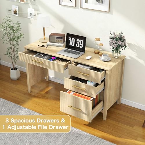 Executive Desk with Drawers: 54" Oak Home Office Desks with File Drawer, view 4