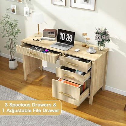 Executive Desk with Drawers: 54" Oak Home Office Desks with File Drawer, view 4