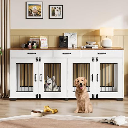 71" Double Dog Crate Furniture, Extra Large Wooden Dog Kennel Furniture for 2 Dogs, Farmhouse Dog Crate TV Stand with 3 Storage Drawers, Large Dogs Indoor, White