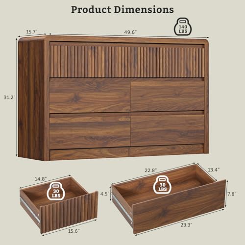 Walnut Fluted 7 Drawer Dresser for Bedroom, Curved Edge, 50" Wide, view 3