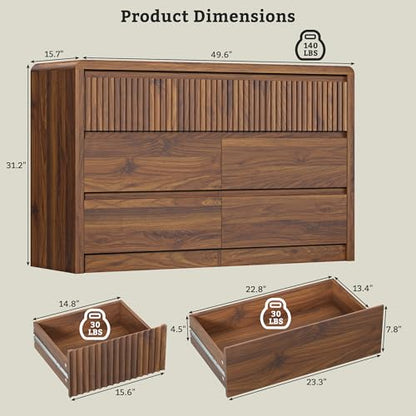 Walnut Fluted 7 Drawer Dresser for Bedroom, Curved Edge, 50" Wide, view 3