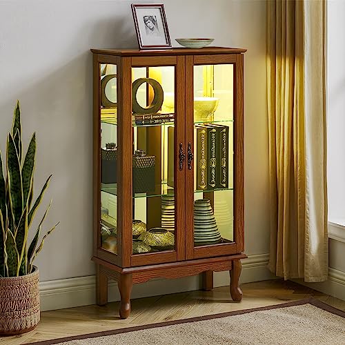 Curio Cabinet Lighted Curio Diapaly Cabinet with Adjustable Shelves and Mirrored Back Panel, Tempered Glass Doors (Oak, 3 Tier), (E26 Light Bulb not Included)
